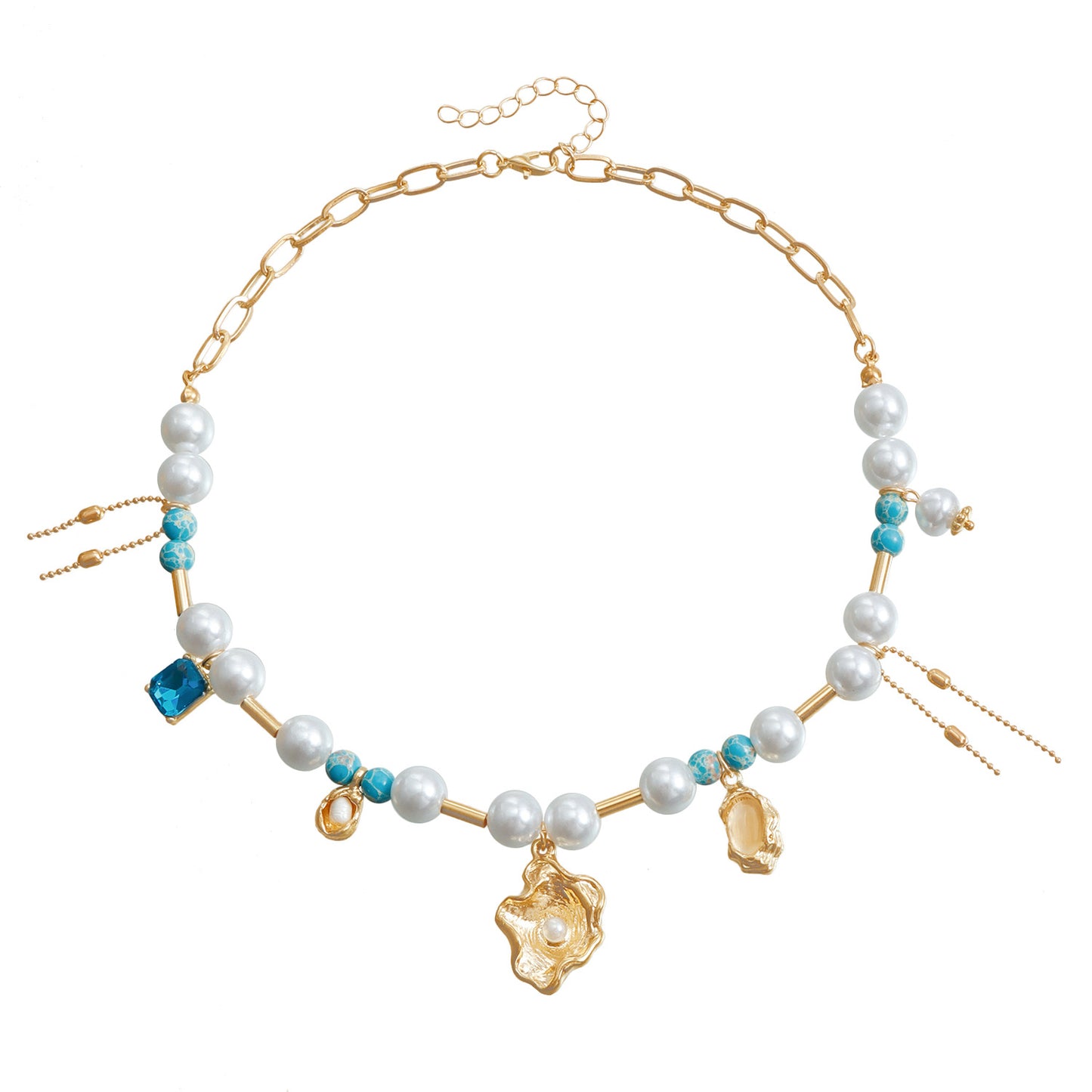 Fashion Casual Shell-Shaped Cat's Eye and Imitation Pearl Turquoise Pendant Necklace with Tassel Detail for Women