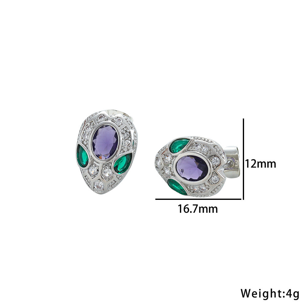 Parure di lusso con collana, orecchini e anello a forma di serpente in acciaio al titanio, con zirconi e pendente in ametista, placcatura sottovuoto ipoallergenica, design a catena a O