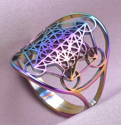 Adjustable Geometric Hexagram Oval Stainless Steel Ring with Polished Finish for Unisex