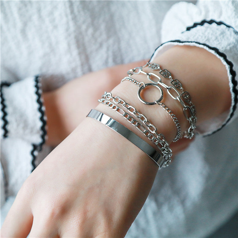 Punk Hip-hop Geometric Round Plated Alloy Bracelet Set for Women