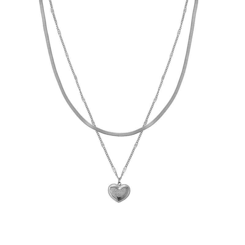 Collar de lujo de acero de titanio de doble capa con colgante de corazón para mujer con cadena de serpiente y diseño de amor estereoscópico