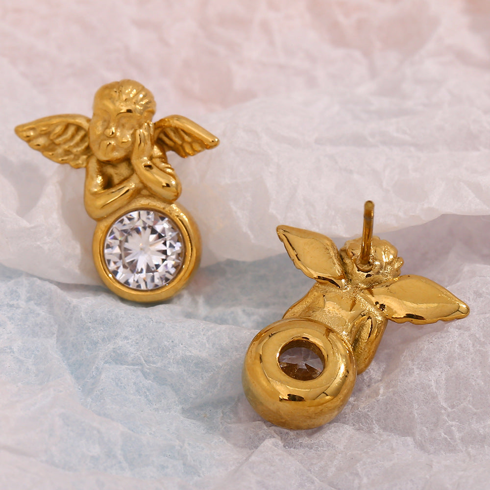 Fashionable Vintage Geometric Stainless Steel 18K Gold Plated Angel Zircon Stud Earrings for Women