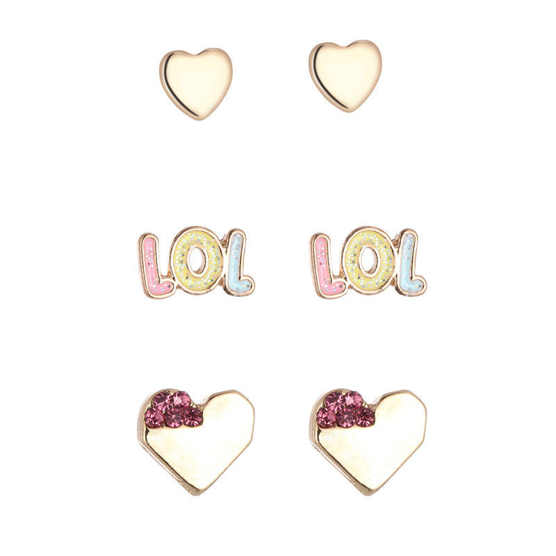 Set de pendientes de aleación con forma de corazón y letras estilo dibujos animados con acabado de esmalte para niños