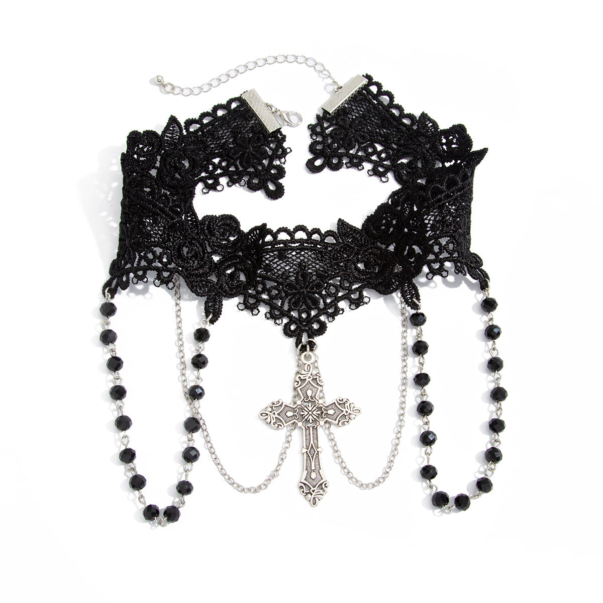 Vintage Gothic Geometric Cross Zinc Alloy Pendant Iron Plated Necklace with Crystal Tassel for Women