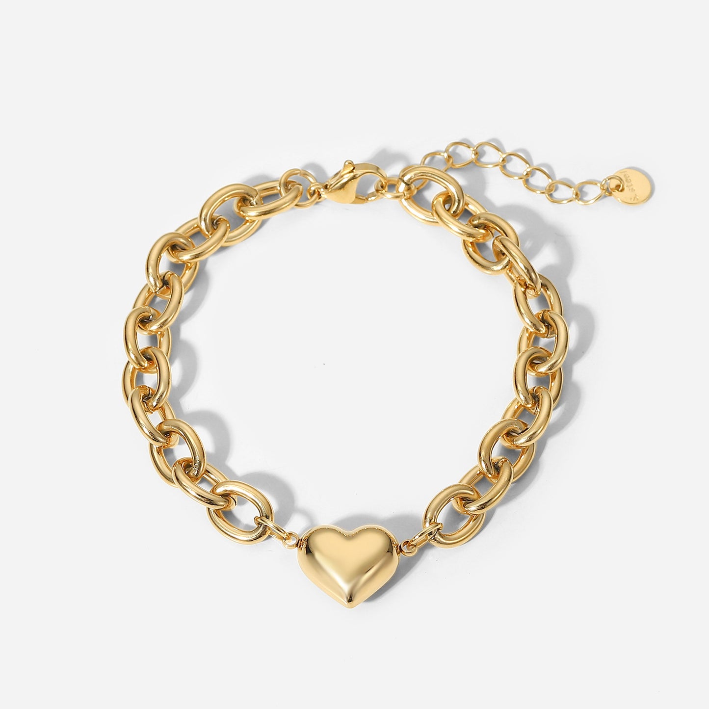 Bracciale da donna in acciaio al titanio a forma di cuore d'ispirazione vintage con catena a maglie a O placcata in oro 14 carati
