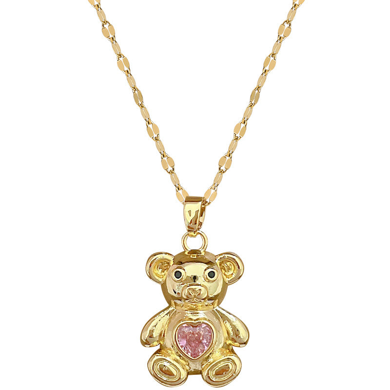 Sweet Minimalist Bear-Shaped Titanium Steel Necklace with Rhinestone Inlay for Women, Adjustable Locket Chain