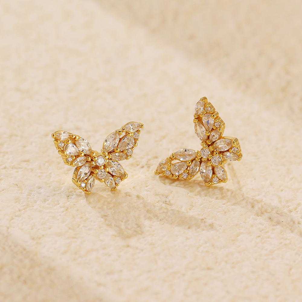 Orecchini a Perno in Argento Sterling S925 a Forma di Farfalla Dolce e Audace con Intarsio di Strass e Finitura Placcata