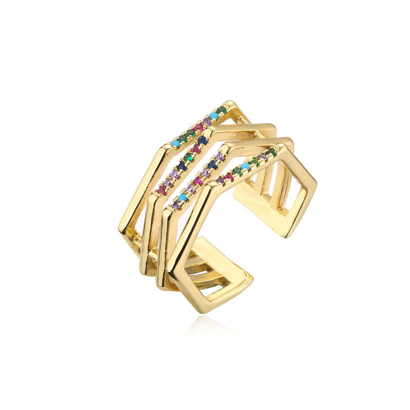 Geometric Open Ring for Women Made of Copper with 18K Gold Plating and Micro-Pave Zirconia Accents