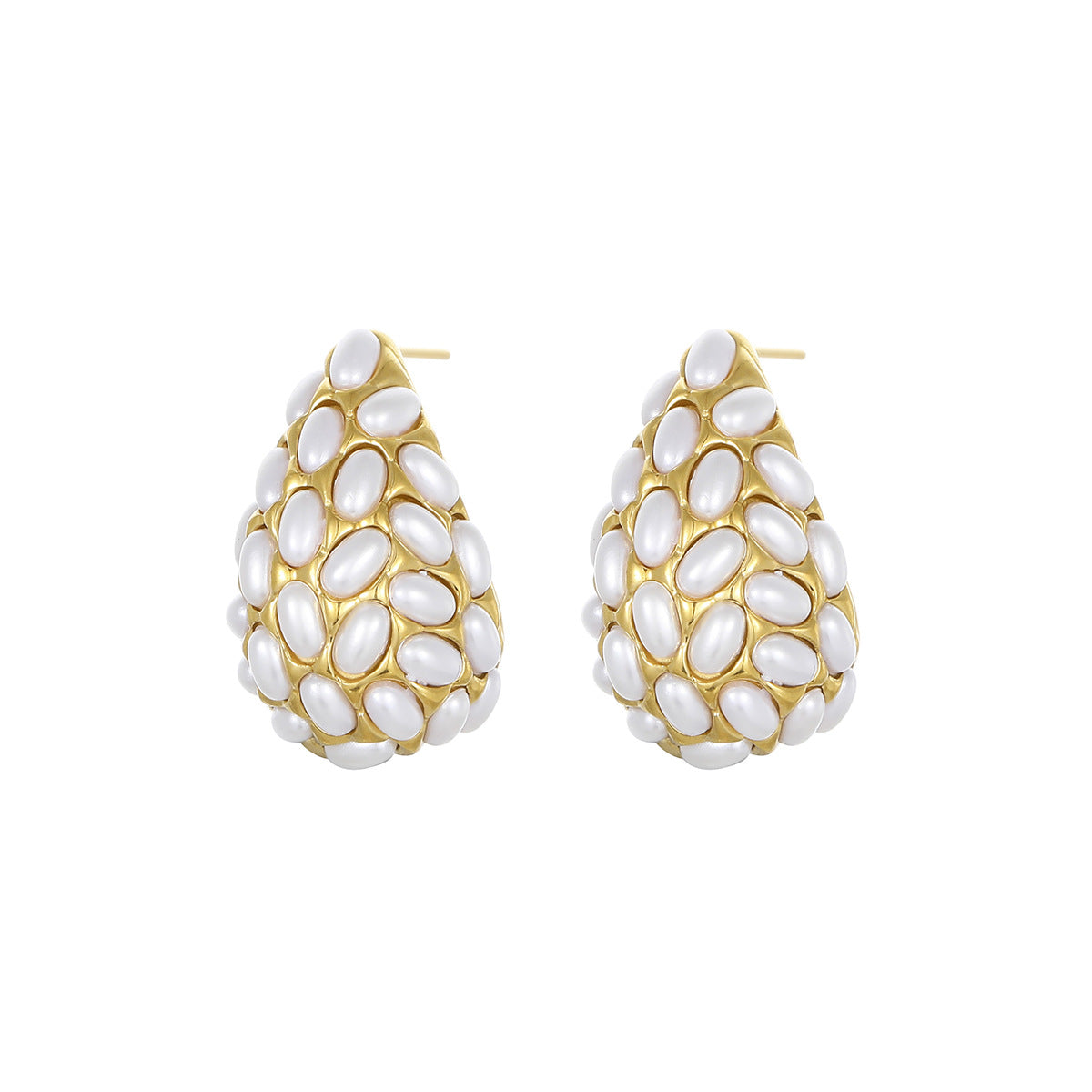 Pendientes geométricos de acero inoxidable con estilo francés vintage, acentos de perlas y chapado en oro de 18 quilates para mujer