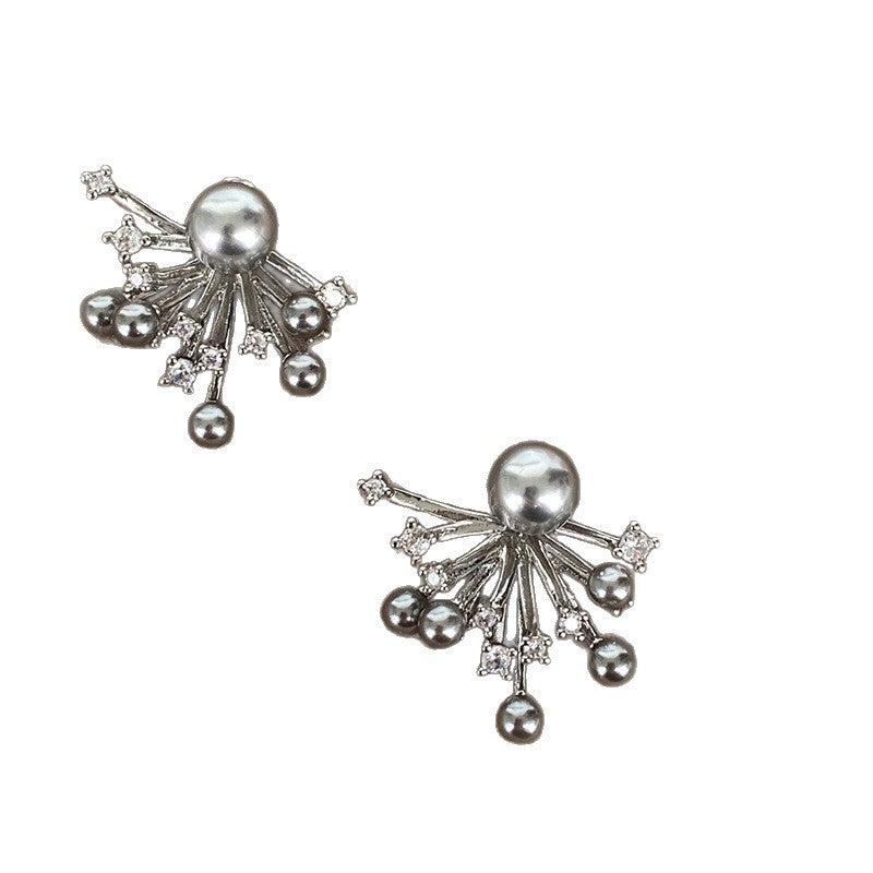 Pendientes de Perlas con Circonita Cúbica y Diseño de Fuegos Artificiales Estilo Vintage Francés Elegante para Mujer con Postes de Acero Inoxidable