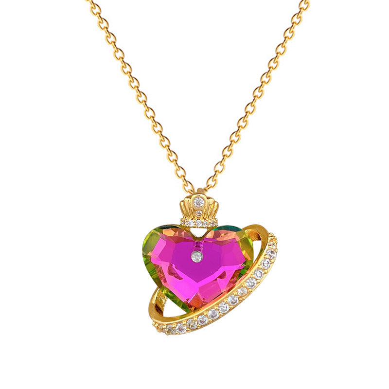 Sweet Minimalist Colorful Heart Crown Rhinestone Titanium Steel Necklace for Unisex