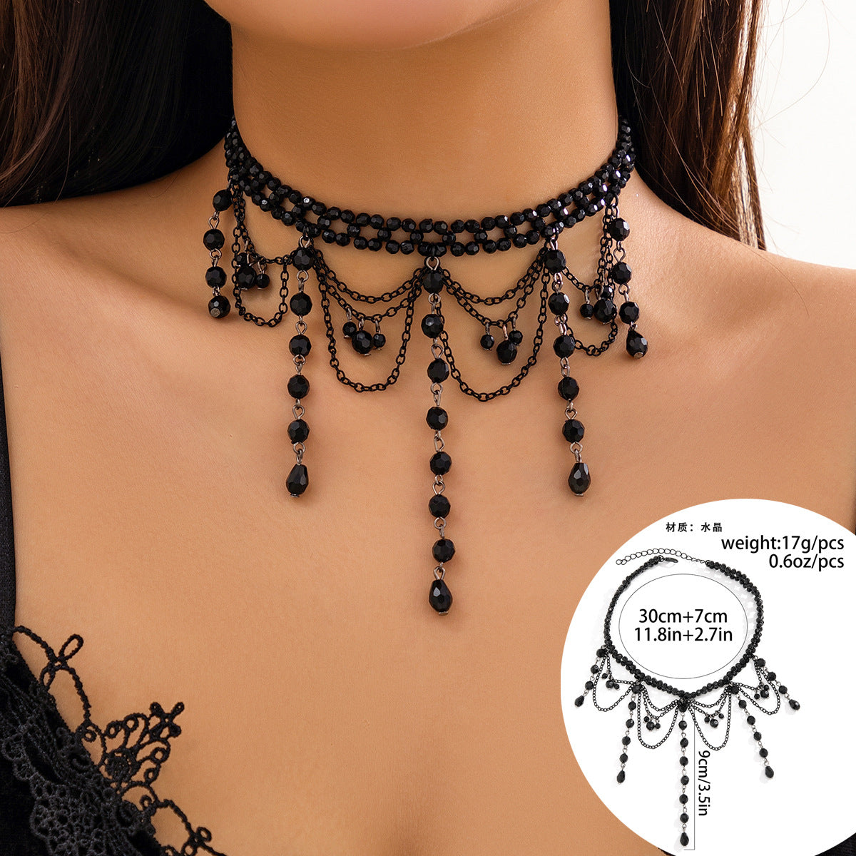 Gargantilla Punk Gótica de Encaje Negro con Colgante de Lágrima y Detalles de Borlas para Mujer