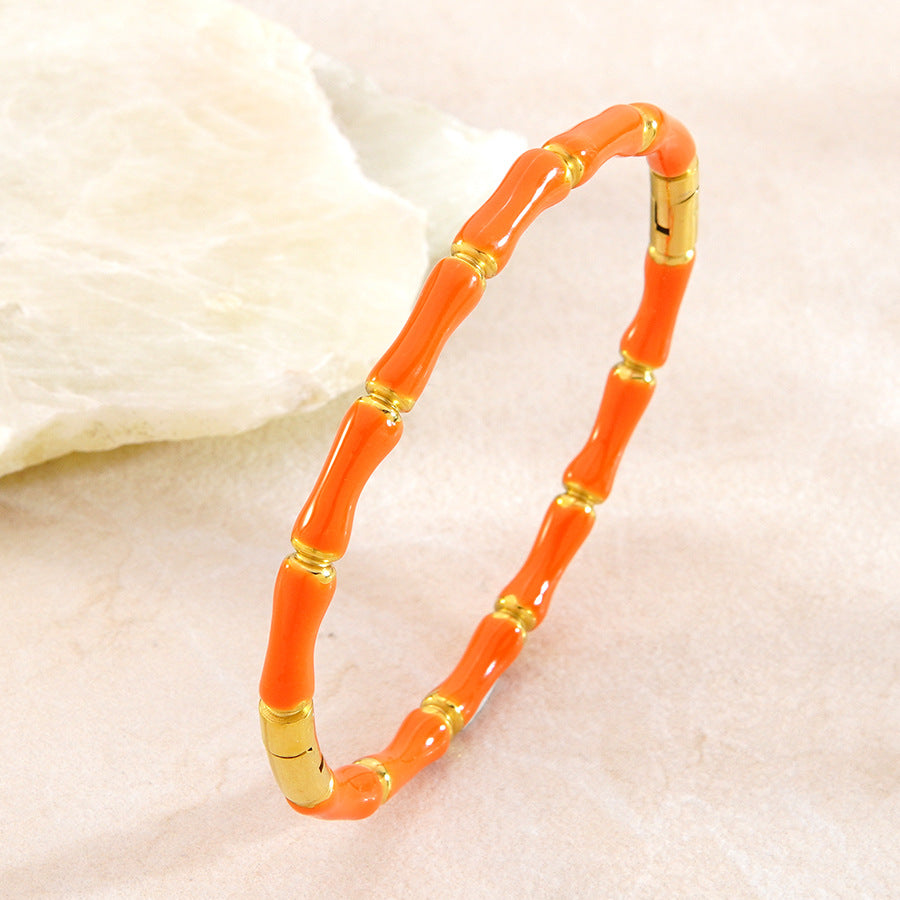 Luxury Geometric Bamboo Joint Stainless Steel Drip Oil 18K Gold Plated Bracelet