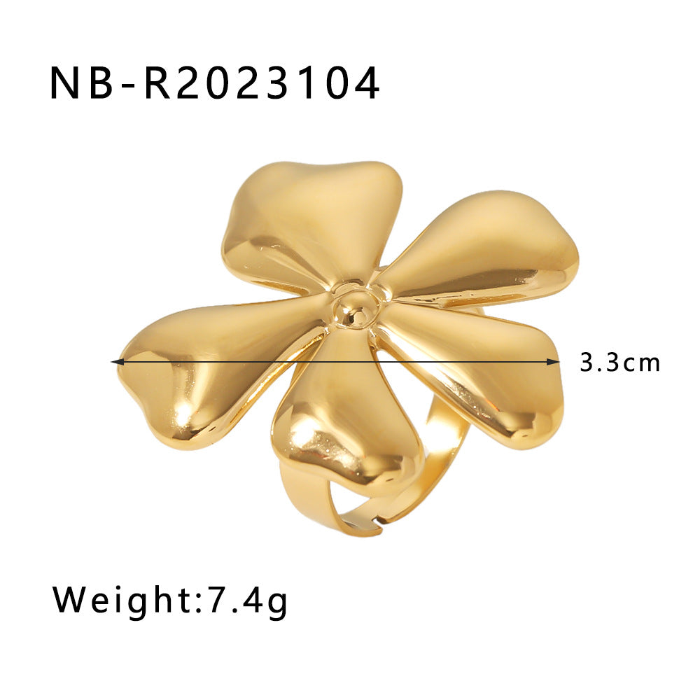 Floral Butterfly Shaped Stainless Steel Ring with 18K Gold Plating and Turquoise Inlay for Women