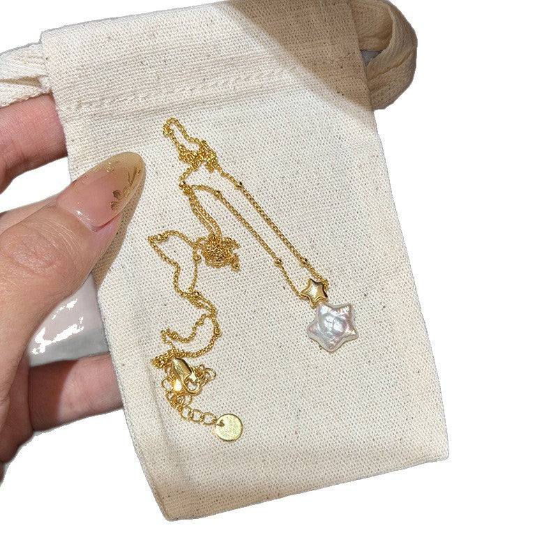 Collar minimalista con forma de estrella chapado en oro y perla para mujer con diseño de cadena de clavícula