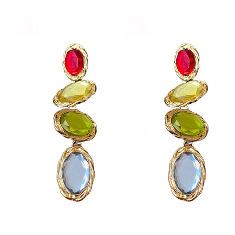Orecchini vintage geometrici ovali in lega con intarsi in strass e perni in acciaio placcato argento da donna