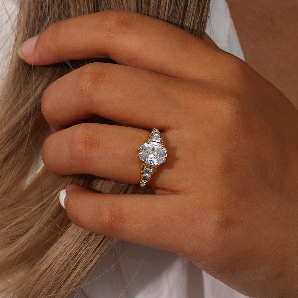 Minimalist Luxe Oval Zirconia Ring in Stainless Steel with Plated Finish for Women