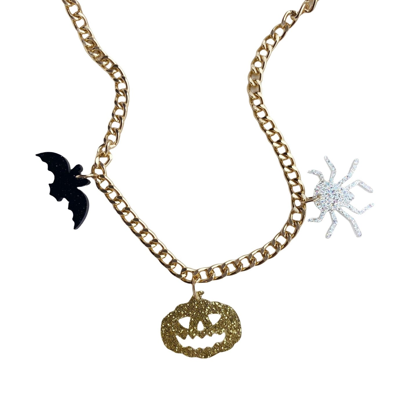 Bonito collar acrílico de Halloween con colgante de murciélago, calabaza, dulce y fantasma en cadena estándar