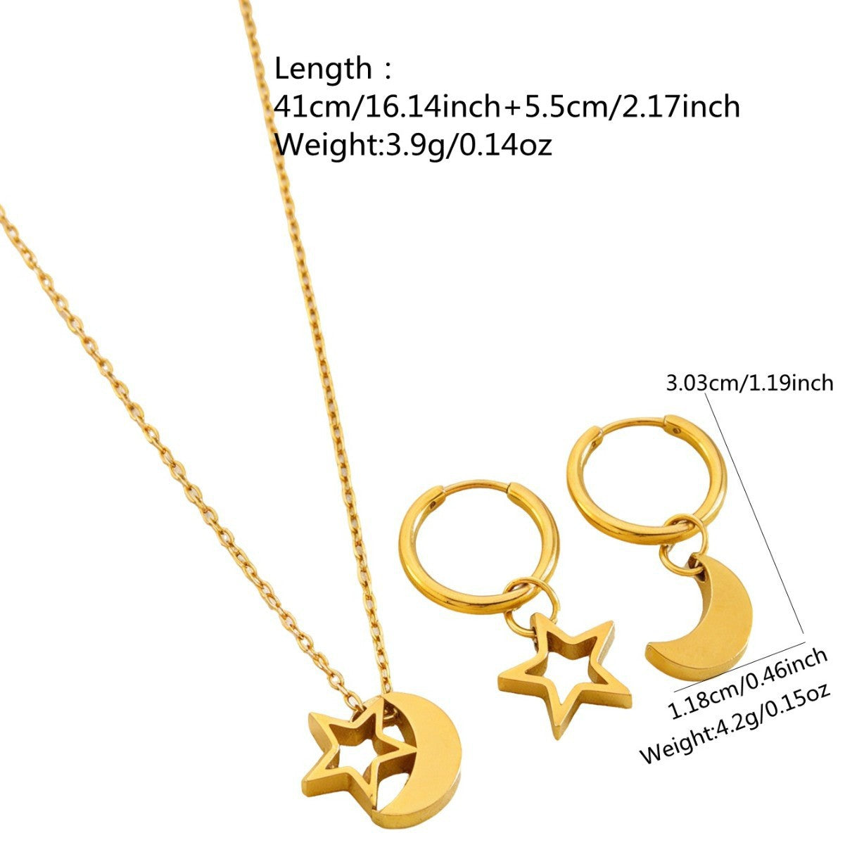 Minimalist Star Moon Stainless Steel and Titanium Steel Necklace and Earring Set with Cable Chain