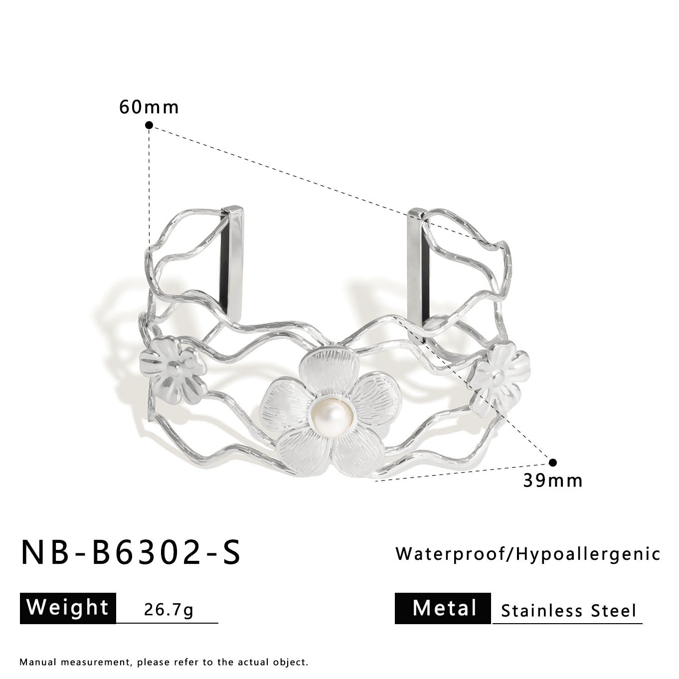 Bracciale a Polsino Floreale Minimalista a Cuore Vuoto in Acciaio Inossidabile con Placcatura in Oro 18K da Donna