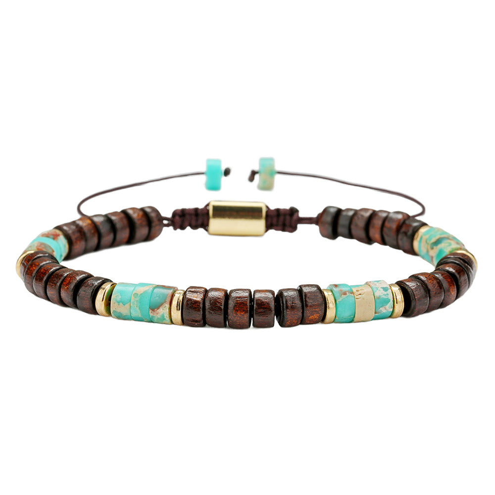 Bohemian Geometric Round Wood and Gemstone Beaded Bracelet for Men and Women