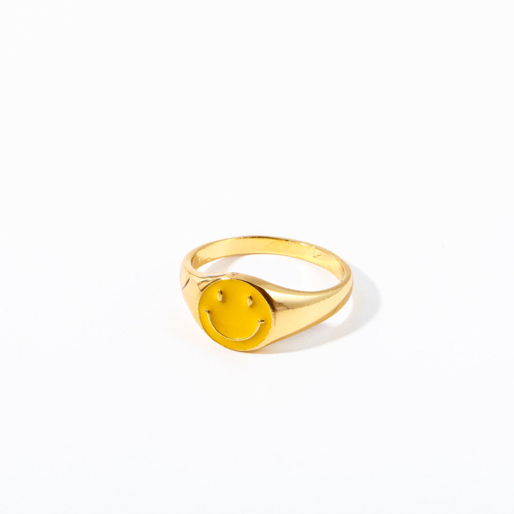 Smiley Face Ring for Women in Copper with Plated Finish, Geometric Adjustable Band, Fashionable Minimalist Jewelry