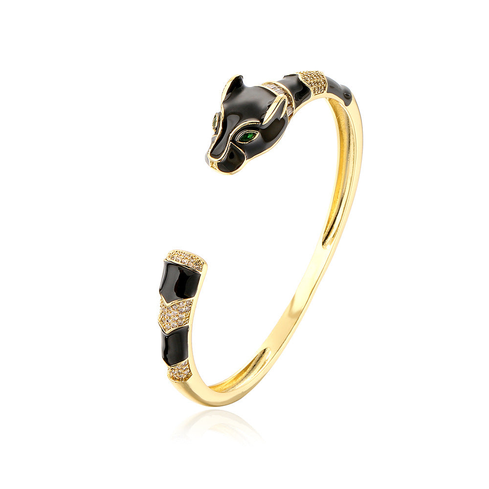 Minimalist Leopard Head Open Bangle Bracelet for Women in Copper with 18K Gold Plating and Enamel Finish