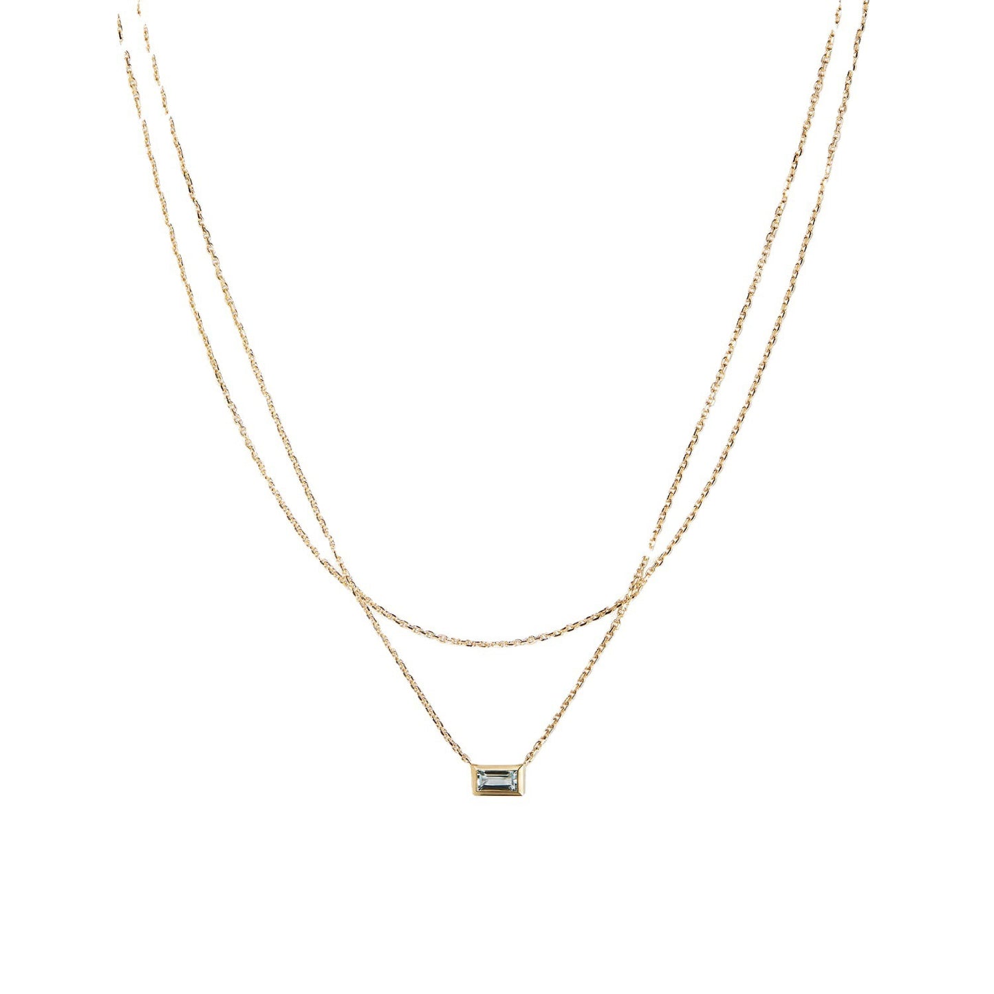 Collana Minimalista Geometrica a Doppio Strato in Acciaio al Titanio con Ciondolo in Zirconia Cubica Azzurro Cielo e Catena Ondulata