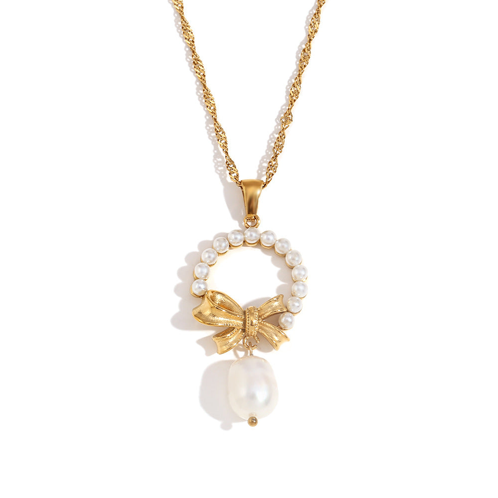 Vintage-Inspired Bow and Geometric Pendant Necklace for Women in Stainless Steel with 18K Gold Plating and Pearl Accents