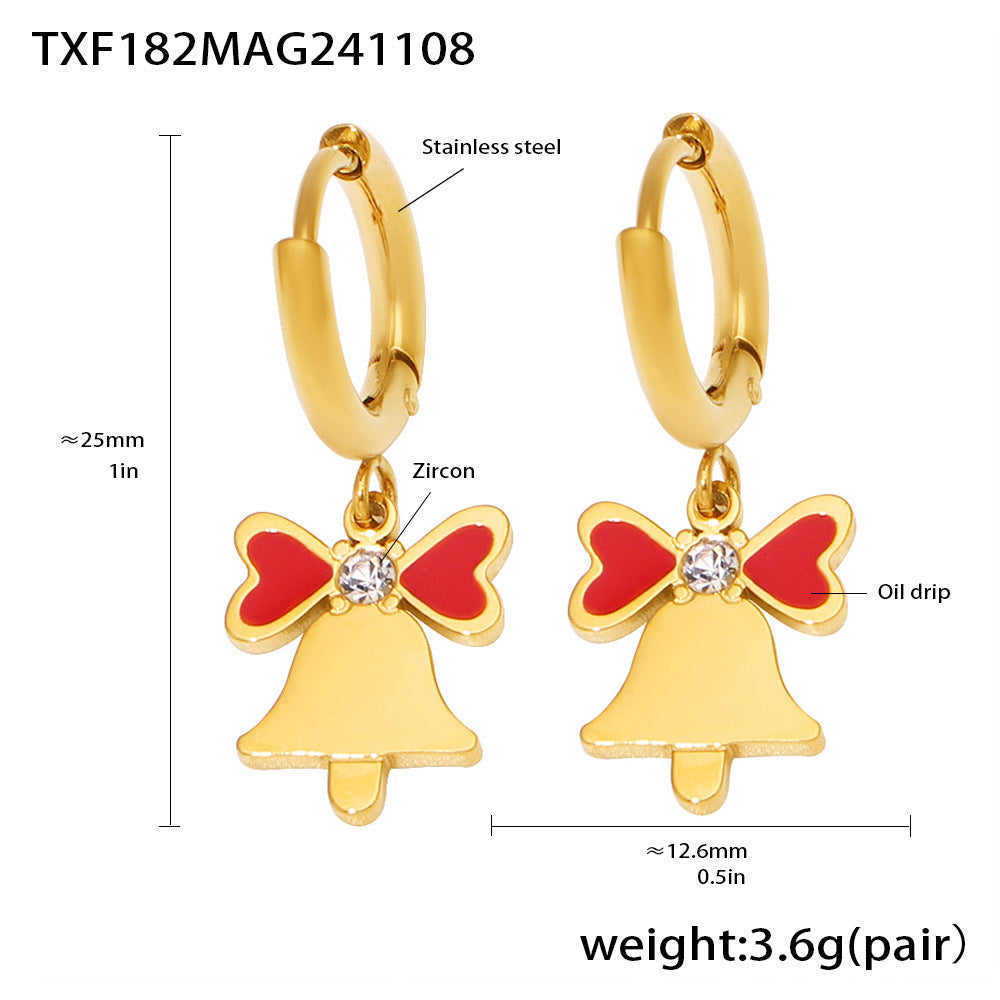 Set Collana con Ciondolo Ruota Panoramica di Lusso con Catena in Acciaio Inossidabile, Intarsio in Zirconi, Ciondolo in Agata Rossa Smaltata e Motivo Campanella Natalizia per Donna