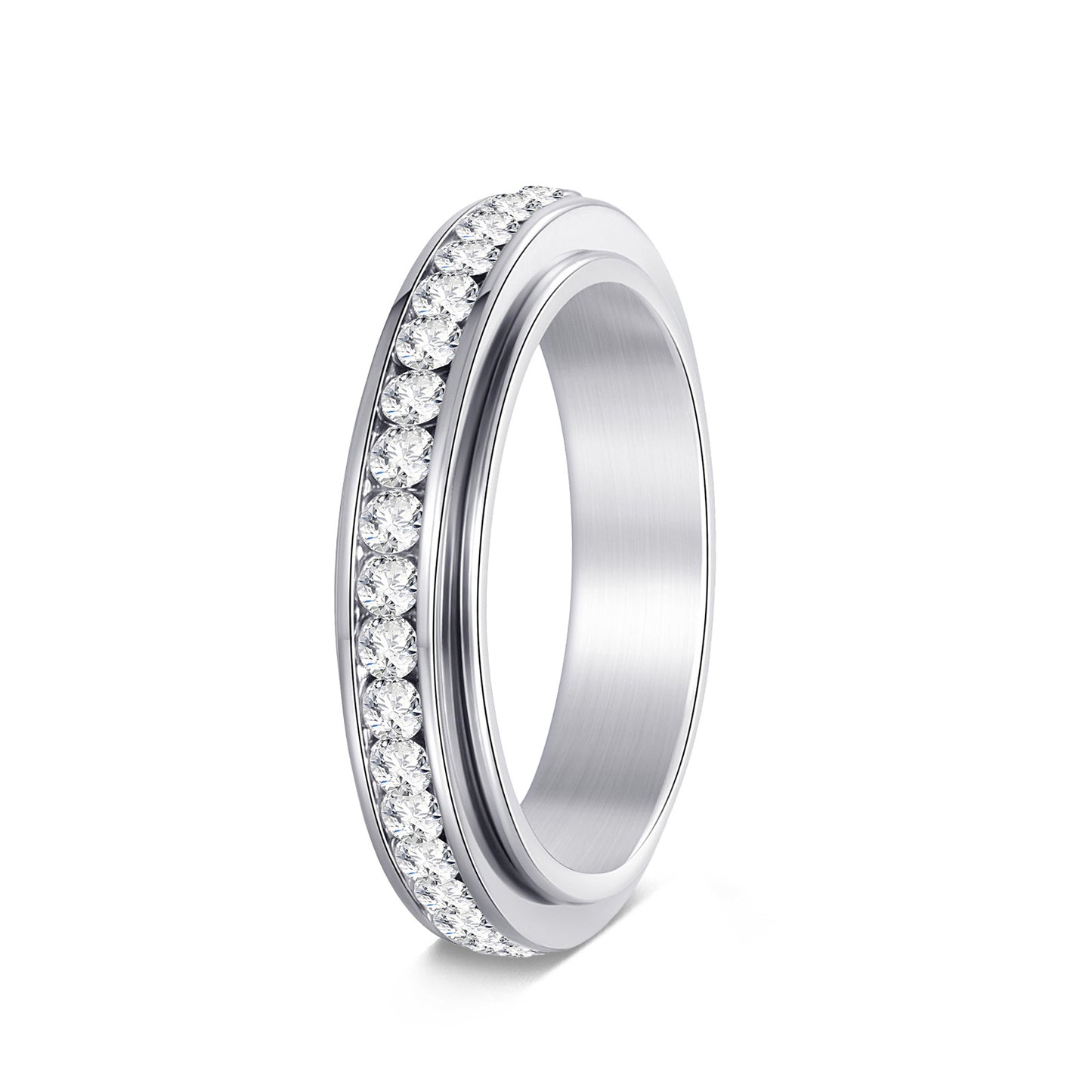 Anillo Giratorio Antiestrés Minimalista Geométrico de Acero de Titanio con Incrustaciones de Pedrería para Mujer
