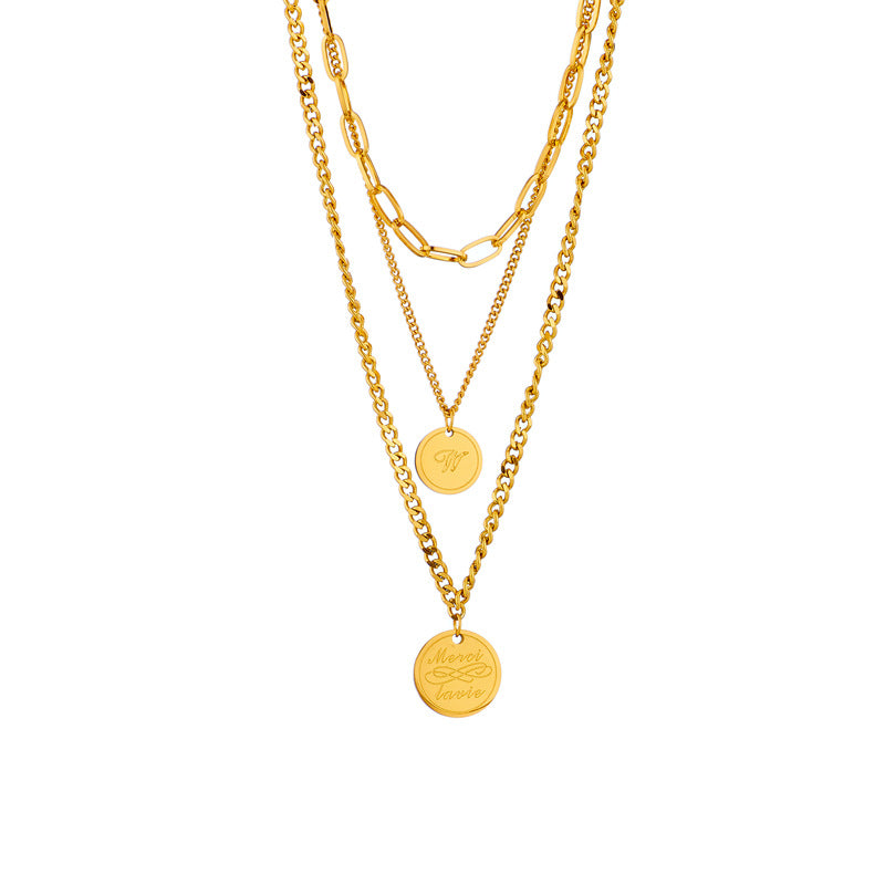 Collana da Donna Minimalista Vintage Multi-Strato in Acciaio al Titanio con Pendente Rotondo Inciso e Catena Snake