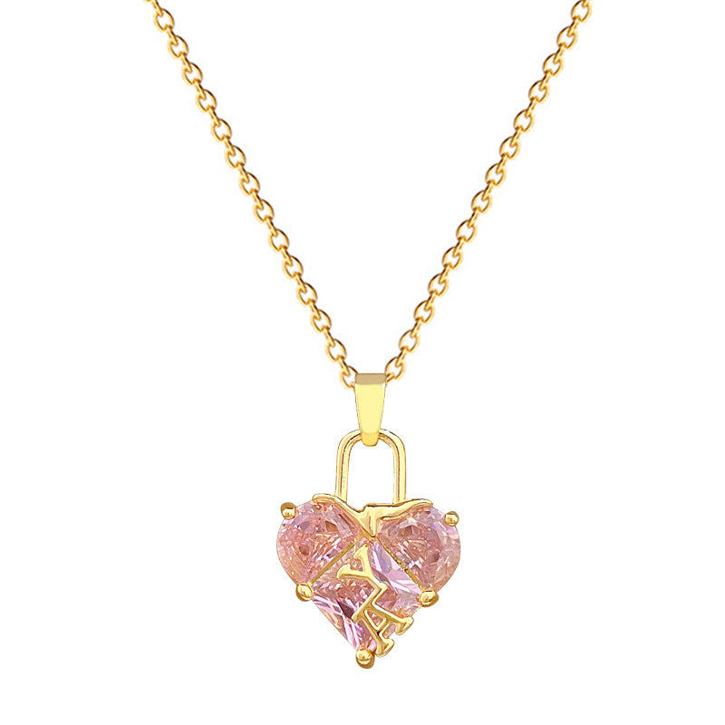 Sweet Pink Heart Rhinestone Titanium Steel Necklace Unisex Cable Chain