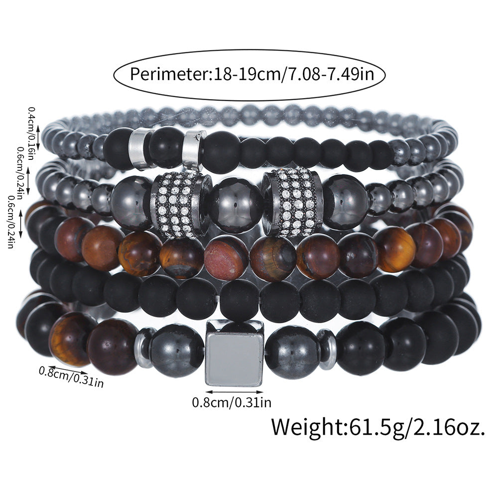 Natural Tiger's Eye and Hematite Beaded Bracelet Set with Cubic Zirconia Accents for Men and Women DIY Charm Bar