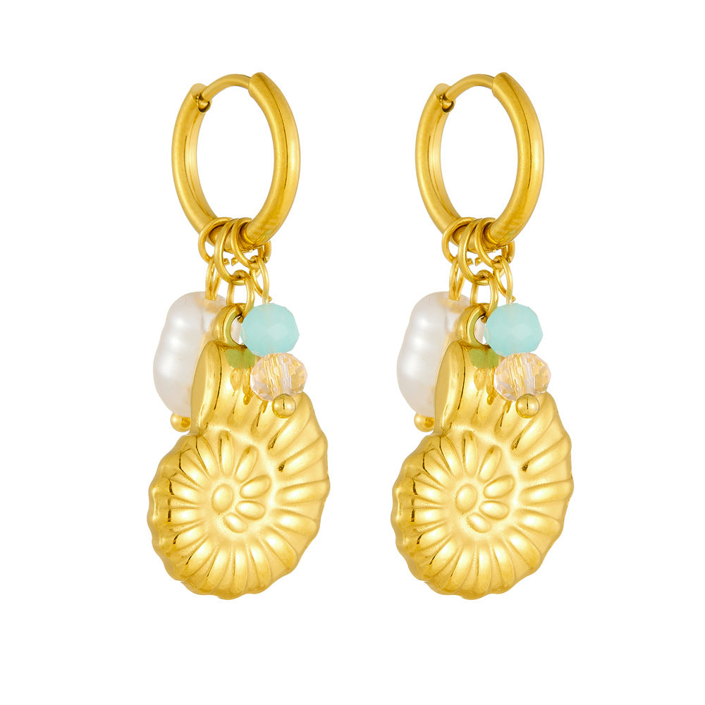 Minimalist Gold Plated Conch Shell and Pearl Drop Earrings for Women
