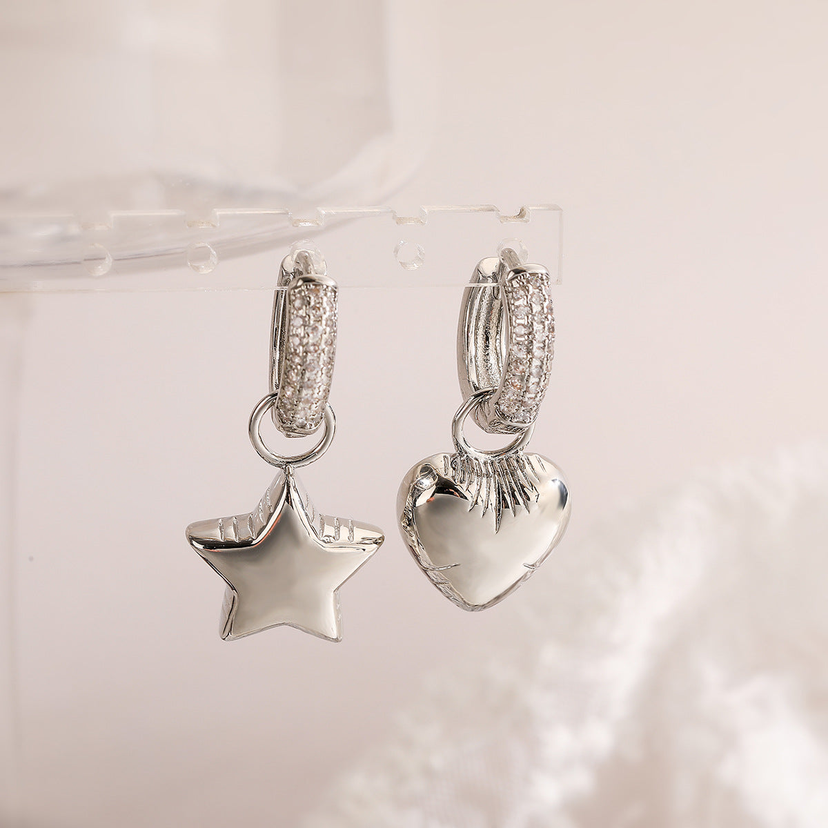 Minimalist Star and Heart-Shaped Copper Earrings with Gold Plating and Zircon Inlay for Women