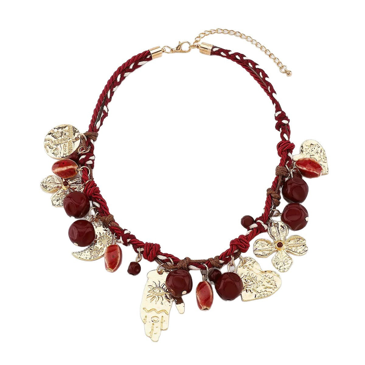 Vintage Geometric Hand Heart Moon Alloy Plated Necklace with Red Beads Rope Chain Unisex