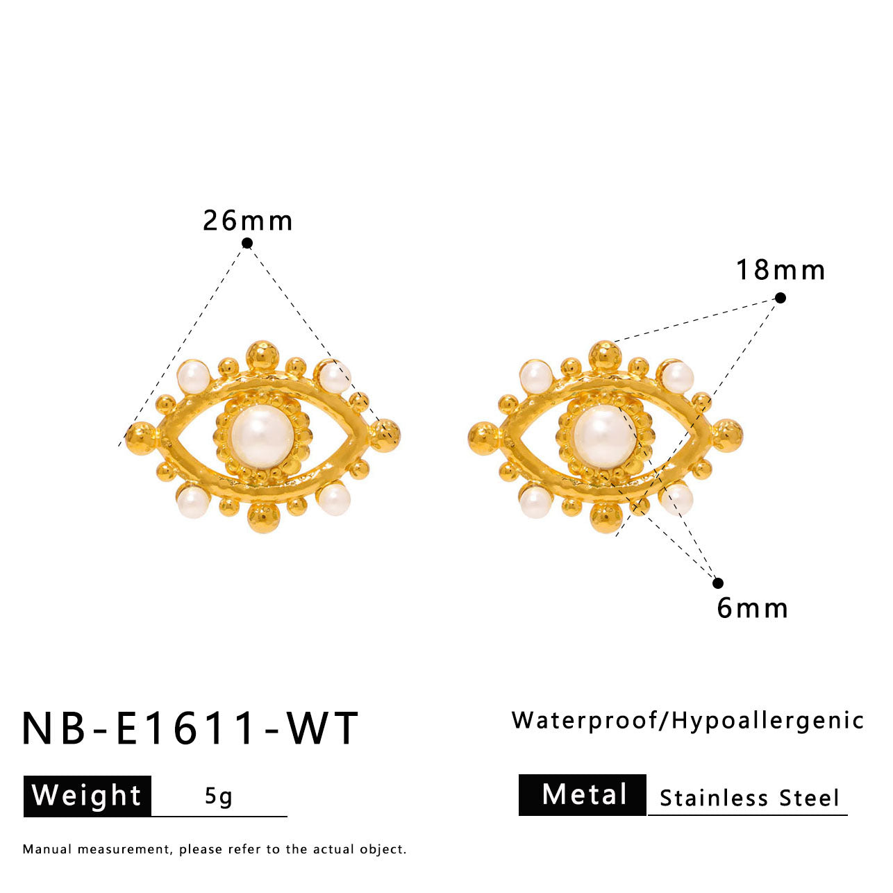 Orecchini Minimalisti Geometrici a Forma di Occhio in Acciaio Inossidabile con Accenti di Perle e Placcatura in Oro 18K