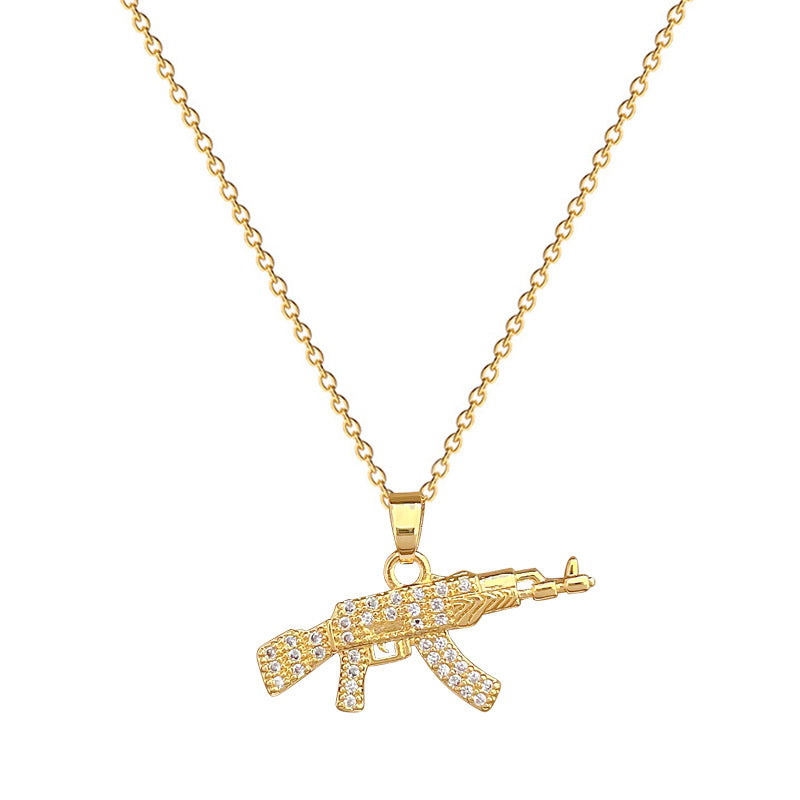 Minimalist Geometric AK Assault Rifle Pendant Necklace for Women and Men with Full Rhinestone Inlay on Titanium Steel Chain