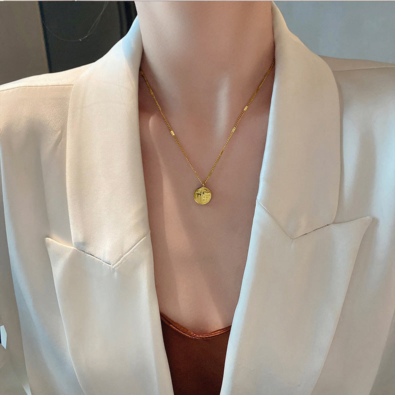 Fashionable Chinese Character Fu Pendant Necklace for Women Titanium Steel Snake Chain with Rhinestone Inlay Minimalist Lock Collar Design