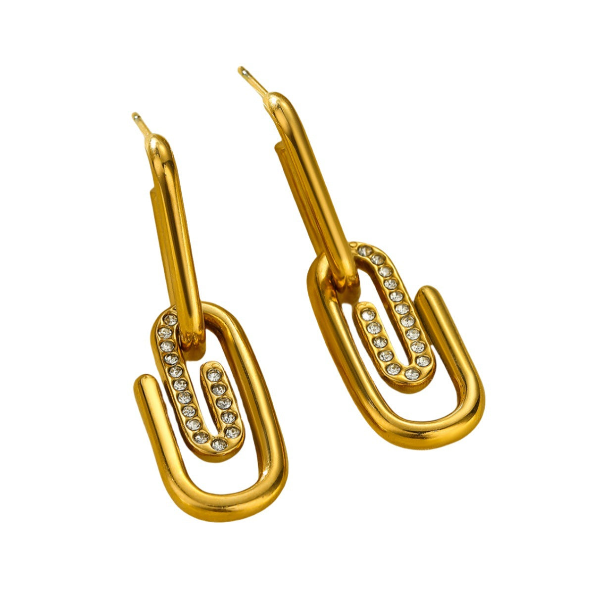 Aretes colgantes de clip de acero inoxidable chapado en oro de 18 quilates con diamantes de imitación para mujer
