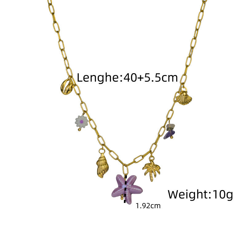 Collana con ciondolo in ceramica geometrica a stella in acciaio inossidabile casual, placcata, con conchiglia da spiaggia, stella marina, catena estiva per clavicola da donna