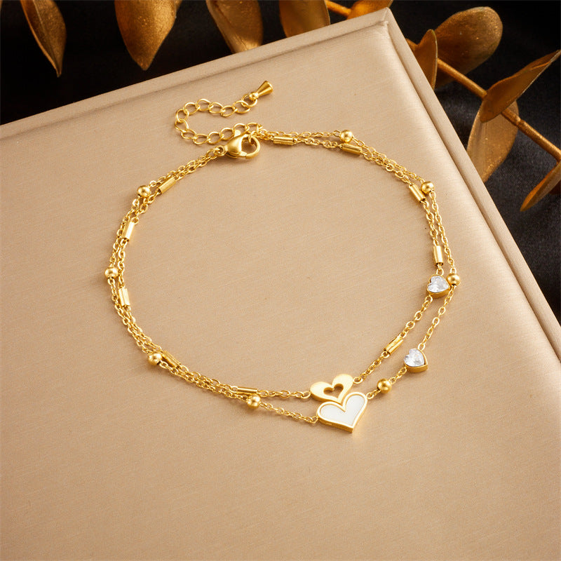 Vintage Minimalist Double-Layer Heart-Shaped Stainless Steel Anklet