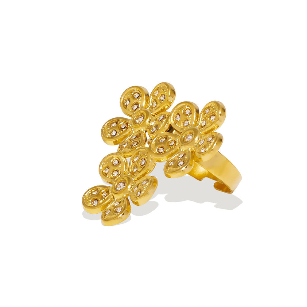 Vintage French Style Five-Petal Flower Shaped Stainless Steel Ring with Micro-Pave Zirconia and Plated Finish for Women