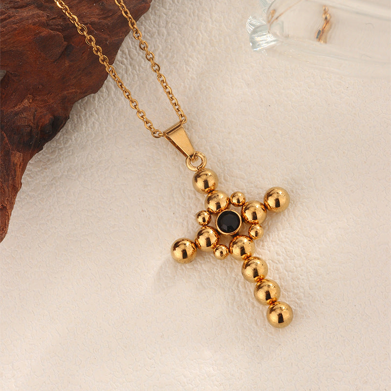 Collana Vintage Placcata Oro a Croce in Acciaio al Titanio con Ciondolo Zirconia Cubica e Catena a Cavo