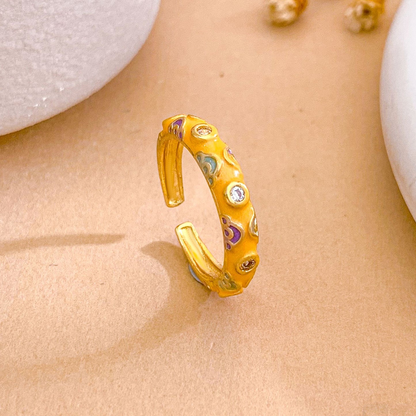 Vintage Sweet Enamel Gold Plated Brass Heart Open Ring for Women