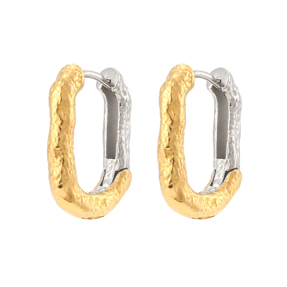 Vintage-Inspired Geometric Stainless Steel Hoop Earrings with Distressed Texture and Polished Finish for Women