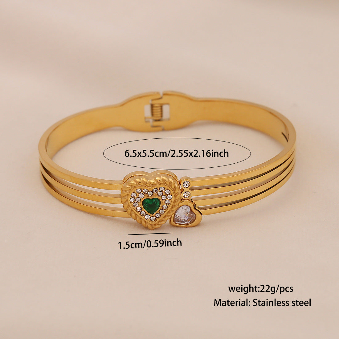 Vintage Geometric Stainless Steel Bracelet with Gold Plating and Irregular Green Glass Inlay