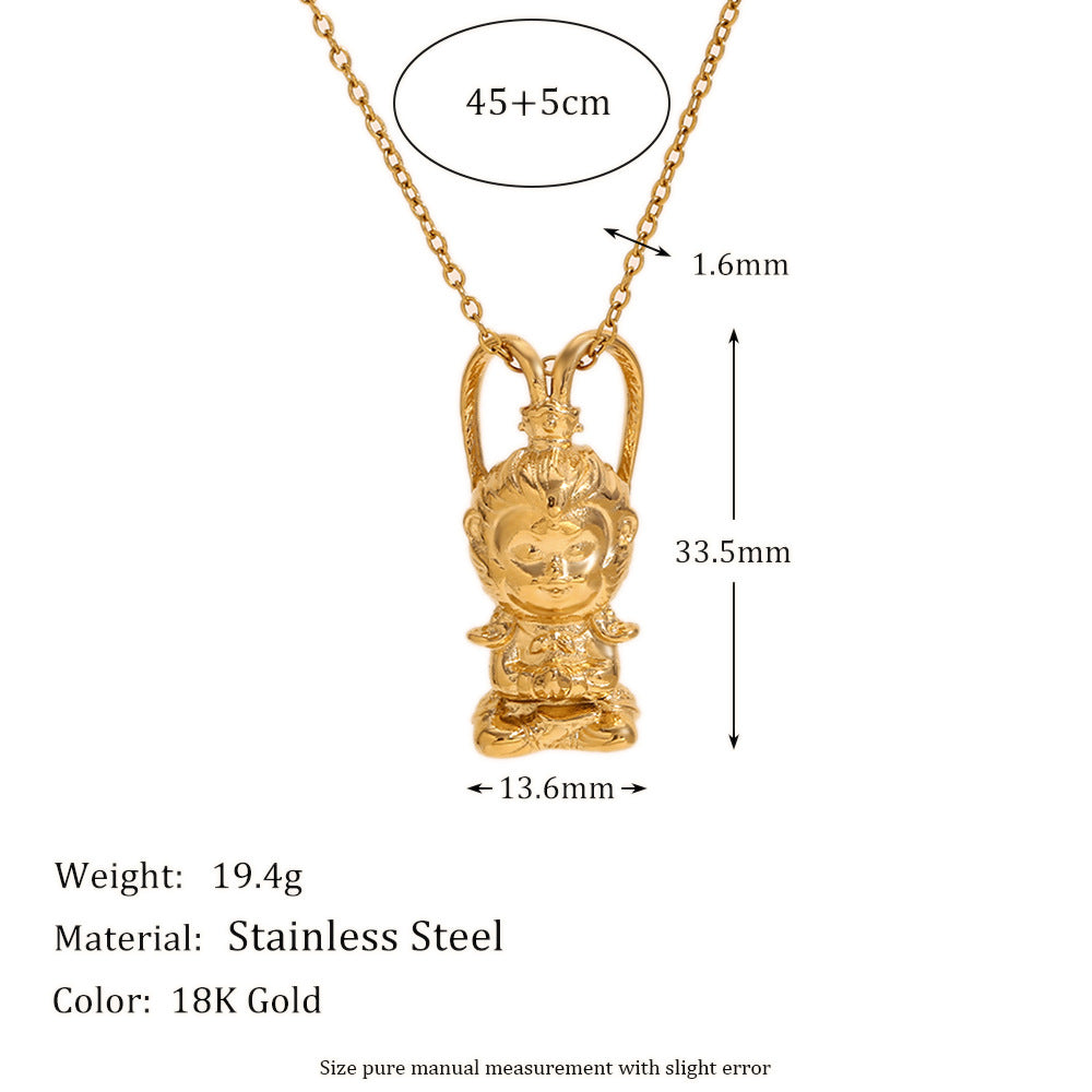 Collana con ciondolo in acciaio inossidabile con personaggio cartone animato minimalista placcato oro 18 carati e design 3D Re Scimmia