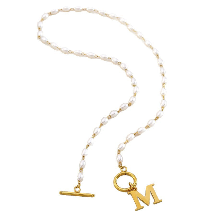 Elegant Stainless Steel Letter Pearl Pendant Ball Chain Necklace